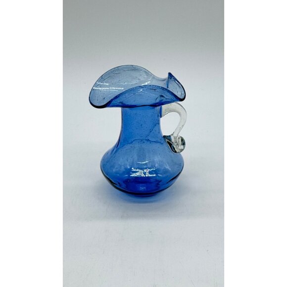 Vintage Cobalt Blue Hand Blown Glass Art Mini Pitcher W/applied Handle - Picture 1 of 6